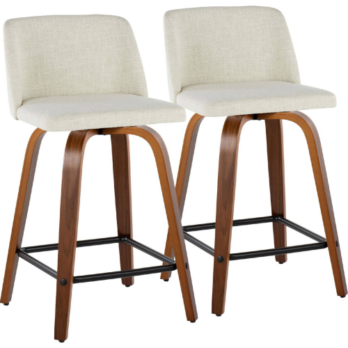 Toriano Counter Stool in Walnut Wood & Cream Fabric w/ Black Footrest (Set of 2)